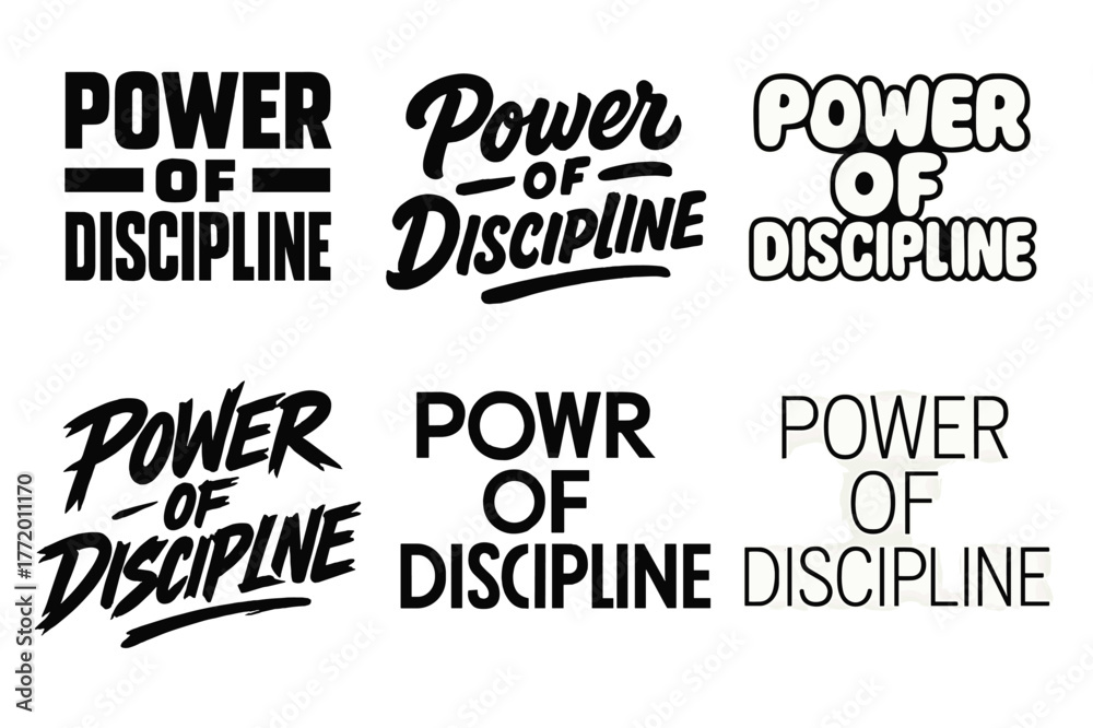 Fototapeta premium Discipline Lettering Variations. Power of Discipline. Set lettering. harmonious lettering variations of the same emblematic concept, each with different