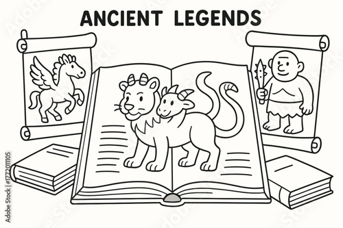Mythical Creatures Coloring Book. Ancient legends learning page children?s coloring book illustration, outlined drawing, scrolls and books open to pictures of