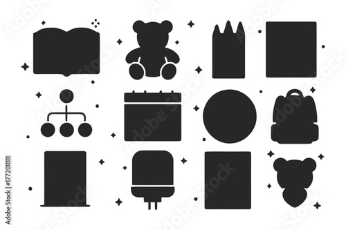 Grief Support Icons. Supporting children through grief. Solid icons set of Supporting children through grief: storybook, stuffed animal, crayons, drawing