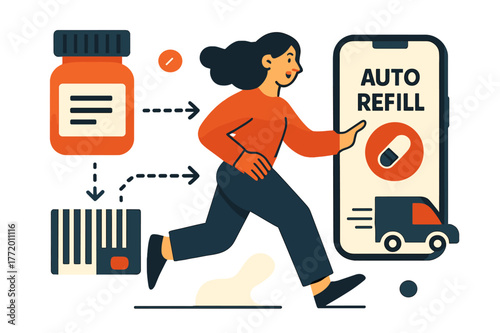 Smart Pharmacy Tech. Healthcare Tech ? Smart Pharmacy. Pill bottle transforms into barcode and delivery icon; dotted arrows connect to a phone app labeled