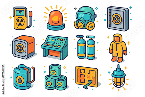 Nuclear Bunker Icons. Nuclear bunker. Colorful isometric vector icons set of nuclear bunker: radiation detector, warning siren, protective mask, sealed door,