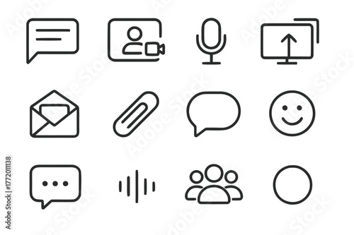 Online Communication Icons. Online Communication. Line icon set of Online Communication: chat window, video call, microphone, screen share, email inbox, file