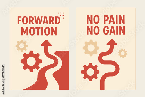 Inspirational Banners. Forward motion. Two vertical A6 banners with safe margins, centered composition, no elements touching edges, flat vector design, red and