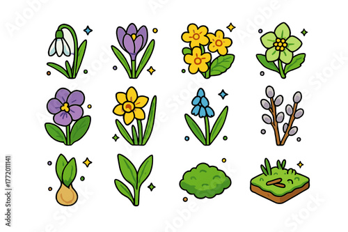 Spring Flora Icons. Early spring flora. Colorful isometric vector icons set of Early spring flora: snowdrop, crocus, primrose, hellebore, violet, daffodil,
