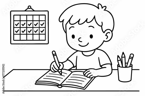 Smiling Child Journaling. Daily Journal Habit children?s coloring book illustration, outlined drawing, a smiling child writing in a notebook at a tidy desk
