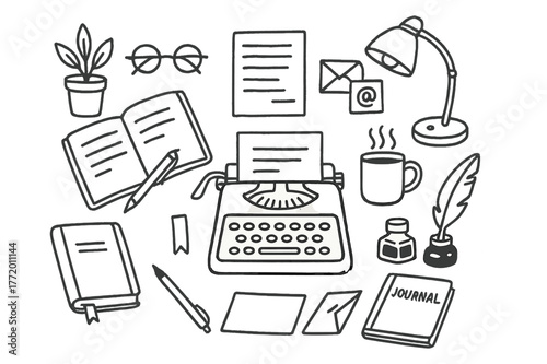 Writer's Desk Essentials. Writer?s desk. Hand-drawn doodle illustration typewriter, notebook, pen, glasses, book, lamp, coffee mug, paper, plant, letter,