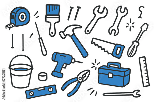Cartoon Tools Doodle. // Home improvement tools. Hand-drawn doodle illustration Home improvement tools [tape measure (accented), paintbrush (accented),