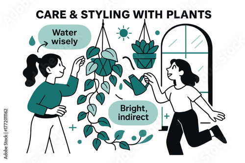 Stylish Plant Care. Care & styling with plants. A trailing pothos and a succulent settle into fresh hangers; ?Water wisely? and ?Bright, indirect? float as