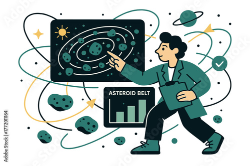 Asteroid Belt Analysis. Asteroid belt studies. Astronomer analyzing asteroid belt data on digital screens with abstract floating orbit paths and celestial