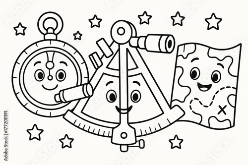 Historical Navigation Coloring. Navigation tools of the past children?s coloring book illustration, outlined drawing, friendly cartoon versions of an