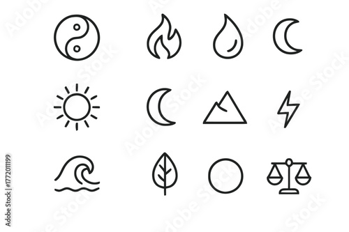 Opposing Forces Harmony Icons. Two opposing forces in harmony. Line icon set of two opposing forces in harmony: yin-yang symbol, fire, water, sun, moon,