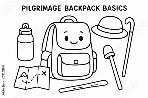 Kids' Pilgrimage Essentials. Pilgrimage backpack basics children?s coloring book illustration, outlined drawing, a cheerful backpack with a water bottle, hat,