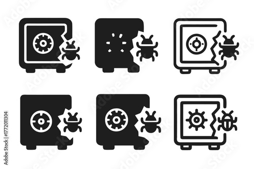 Cyber Risk Logos. Cyber loss risk. Set Logo of Cyber loss risk: data vault with breach. harmonious logo variations of the same emblematic concept, each with