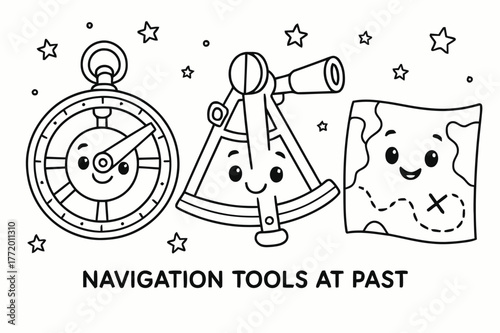 Historical Navigation Coloring. Navigation tools of the past children?s coloring book illustration, outlined drawing, friendly cartoon versions of an