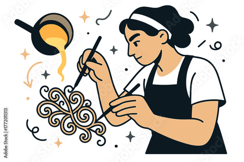 Artisan Crafting Gold. Goldsmith at work. Molten gold glowing in a crucible, artisan shaping delicate filigree with precision. Energy of transformation and