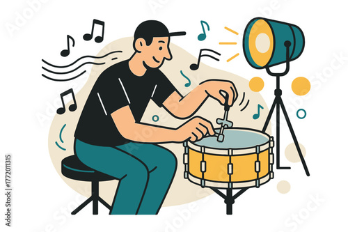 Drummer's Backstage Prep. Backstage Tune-Up. Drummer adjusting snare tension with a key while stage lights warm up in the background. Music notes and rhythm