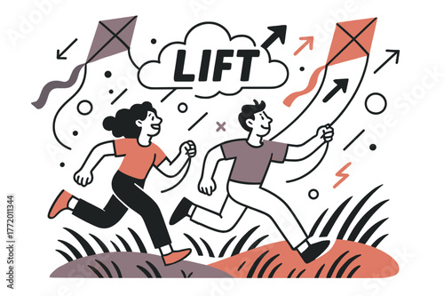 Dynamic Kite Flying. Kite flying afternoon. Two figures run as bright kites carve zigzag arrows into the sky; ?Lift? stretches across a cloud. Grass bends in