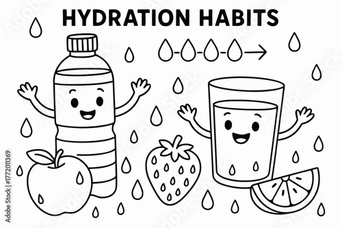 Happy Hydration Fun. Hydration habits children?s coloring book illustration, outlined drawing, a happy water bottle and glass cheering beside fruits with water