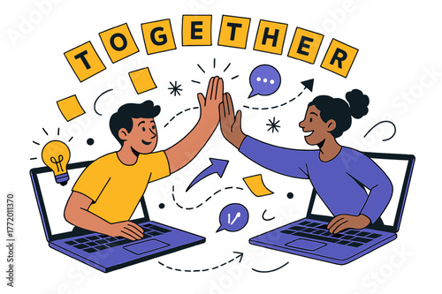 Virtual Team Synergy. Remote collaboration. Laptops float in a circle as avatars high-five across screens; dotted lines show ideas rushing around. Sticky notes