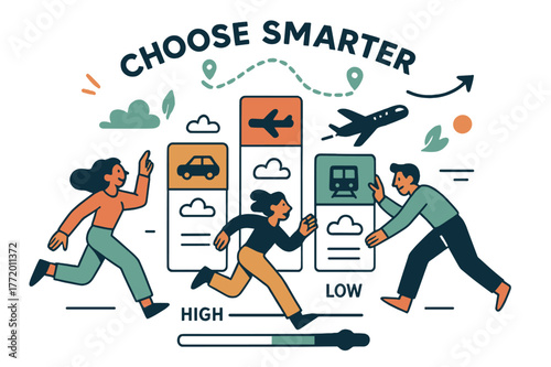 Travel Emissions Comparison. Travel emissions (car vs train vs plane). Tickets line up as bars with tiny clouds; a slider moves from ?High? to ?Low?. ?Choose