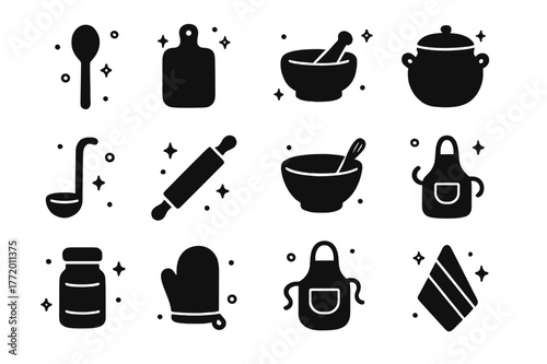 Rustic Kitchen Icons. Rustic Kitchen Tools. Solid icons set of Rustic Kitchen Tools: wooden spoon, cutting board, mortar and pestle, clay pot, ladle, rolling