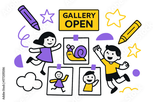 Playful Art Gallery. Playroom ? Art wall in progress. Crayons leave clean vector strokes as stars and clouds appear; tape tabs hold fresh drawings. A playful