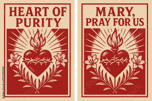 Heart of Purity Banners. Immaculate Heart. Two vertical A6 banners with safe margins, centered composition, no elements touching edges, bold, red and beige,