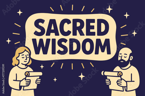 Sacred Wisdom Banner. Sacred wisdom banner, flat vector illustration, bold oversized text inside rounded blob, cartoon characters standing calmly and holding