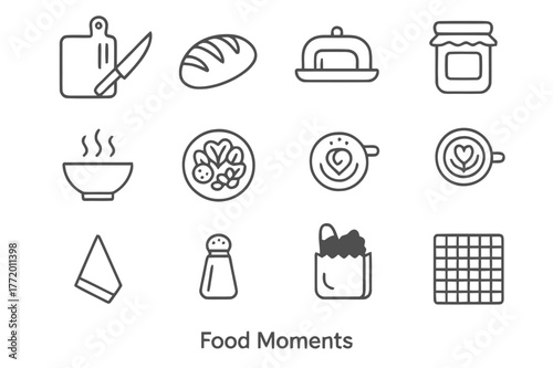 Food Moments Icons. Food Moments. Line icon set of Food Moments: cutting board, knife, fresh bread, butter dish, jam jar, steaming bowl, salad plate, latte