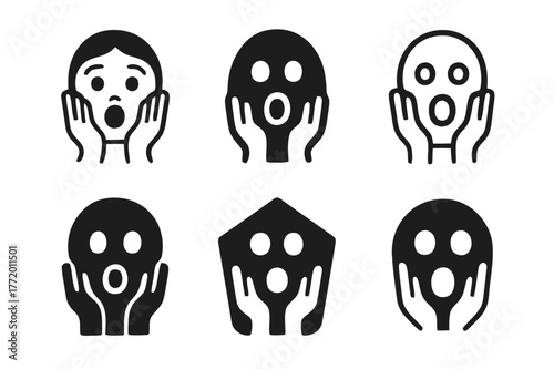 Frightened Expression Logos. Frightened expression. Set Logo of Frightened expression: hands-on-cheeks gasp. harmonious logo variations of the same emblematic