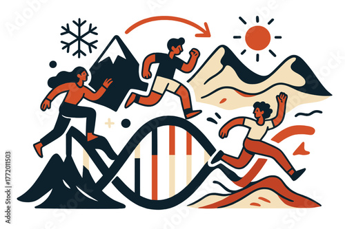Evolutionary Climate Resilience. Genetic adaptation to extreme climate conditions. DNA helix transforming into mountain peaks and desert dunes, symbolizing