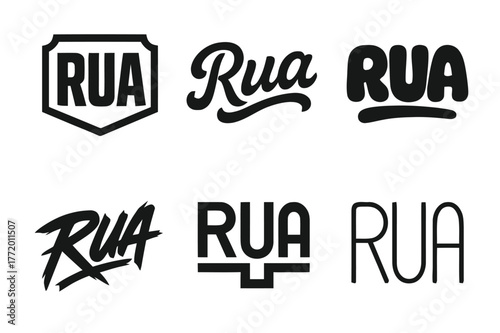 Diverse Lettering Grid. Emblem of Rua. Set lettering. harmonious lettering variations of the same emblematic concept, each with different artistic
