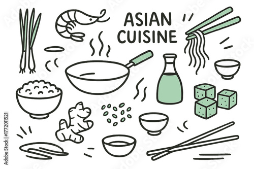 Asian Cuisine Doodle. // Asian cuisine. Hand-drawn doodle illustration Asian cuisine [wok pan (accented), chopsticks (accented), rice bowl, soy sauce bottle