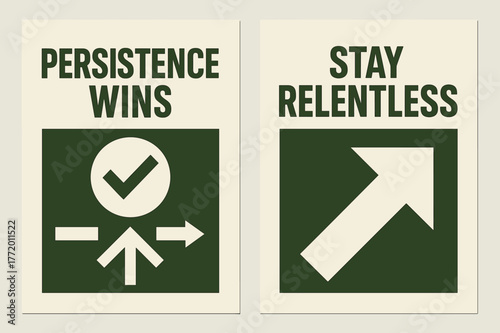 Persistence Wins Banners. Persistence wins. Two vertical A6 banners with safe margins, centered composition, no elements touching edges, geometric, olive green