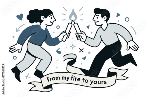 Passing the Flame. Keeper of the Hearth ? Passing the Flame. Two figures touch candles tip-to-tip; a soft spark bridges the light. Ribbon reads ?from my fire