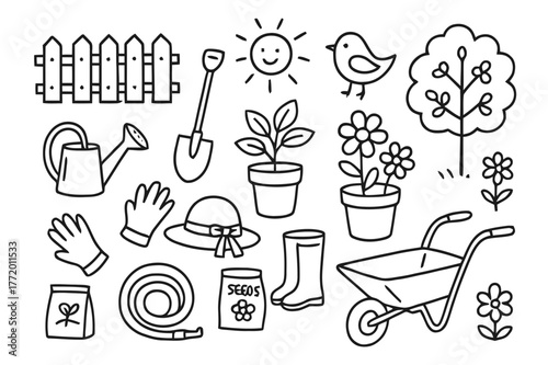 Backyard Gardening Doodles. Backyard gardening. Hand-drawn doodle illustration backyard gardening fence, potted plants, watering can, spade, wheelbarrow,