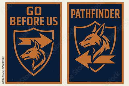Indigo and Copper Banners. Battle Forerunner. Two vertical A6 banners with safe margins, centered composition, no elements touching edges, bold, indigo and