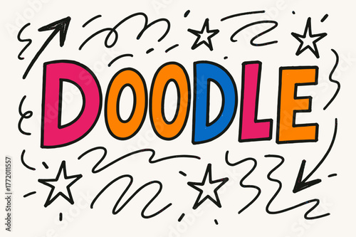 Playful Doodle Sketch. Doodle Sketch with playful hand-drawn letters, rough sketch outlines, arrows, stars, casual youthful layout, colored lettering, #