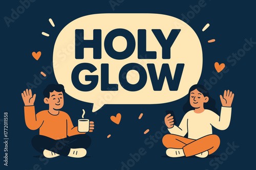 Joyful Banner Duo. Holy glow banner, flat vector illustration, bold oversized text inside rounded blob, cartoon characters sitting peacefully and waving, one