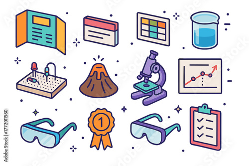 Science Fair Icons. Science fair projects. Colorful isometric vector icons set of Science fair projects: tri-fold board, hypothesis card, variables table,