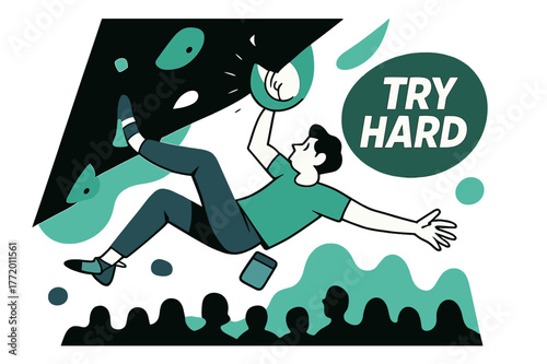 Dynamic Climbing Challenge. Bouldering Overhang Problem. Heels hook, core tight, the climber swings to a crescent-shaped pinch; ?TRY HARD? floats beside chalk