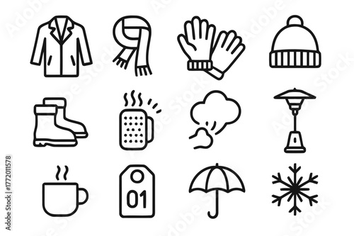 Winter Night Essentials. Winter Night Out. Line icon set of Winter Night Out: coat, scarf, gloves, beanie hat, warm boots, hand warmer, breath cloud, patio