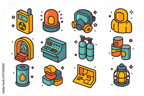 Nuclear Bunker Icons. Nuclear bunker. Colorful isometric vector icons set of nuclear bunker: radiation detector, warning siren, protective mask, sealed door,