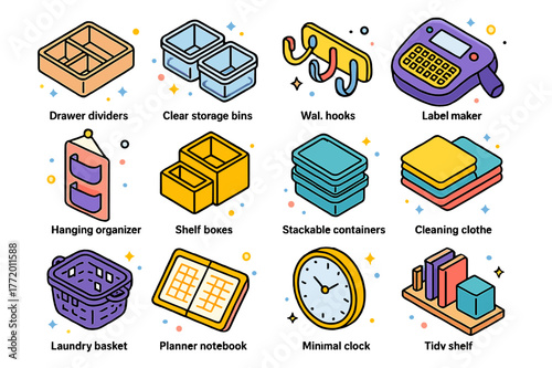 Colorful Home Organization Icons. Home organization tools. Colorful isometric vector icons set of Home organization tools: drawer dividers, clear storage bins,