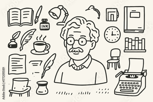 Author's Creative Workspace. Author portrait. Hand-drawn doodle illustration author portrait open book, fountain pen, ink bottle, glasses, quill, coffee cup,