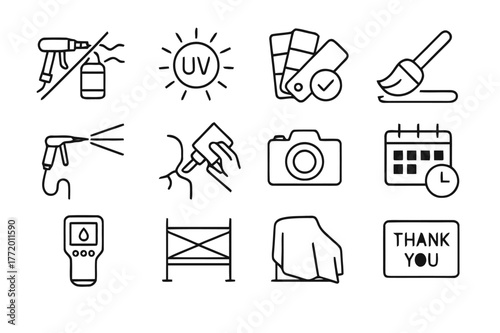 Mural Conservation Icons. Mural Care and Conservation. Line icon set of Mural Care and Conservation: anti graffiti coating, UV protection sun, color swatch