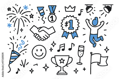 Victory Celebration Icons. Victory celebration. Hand-drawn doodle illustration victory celebration fireworks (accented), confetti popper (accented), medal,