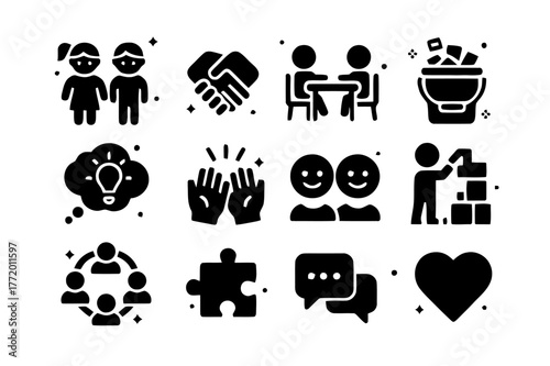 Collaborative Play Icons. Collaborative Play. Solid icons set of Collaborative Play: two children, teamwork hands, shared table, bucket of blocks, idea cloud,