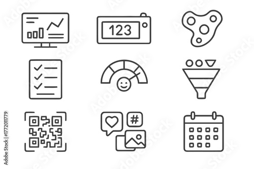 Iconic Analytics Grid. Post-event Analytics. Line icon set of post-event analytics: dashboard, traffic counter, heat map, survey form, nps meter, conversion