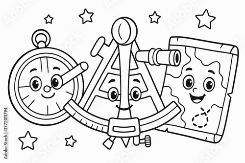 Vintage Navigation Tools. Navigation tools of the past children?s coloring book illustration, outlined drawing, friendly cartoon versions of an astrolabe,